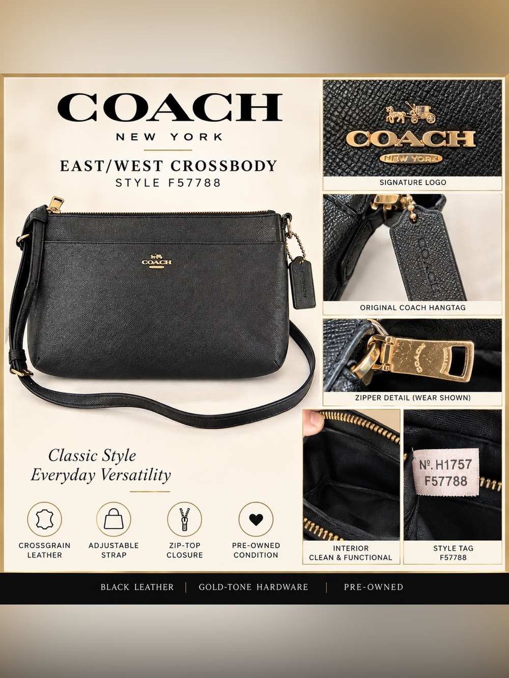 Coach F57788 East West Black Leather Crossbody Bag Gold